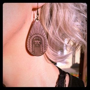 Chief Illiniwek Walnut Tear Drop Shaped Earrings